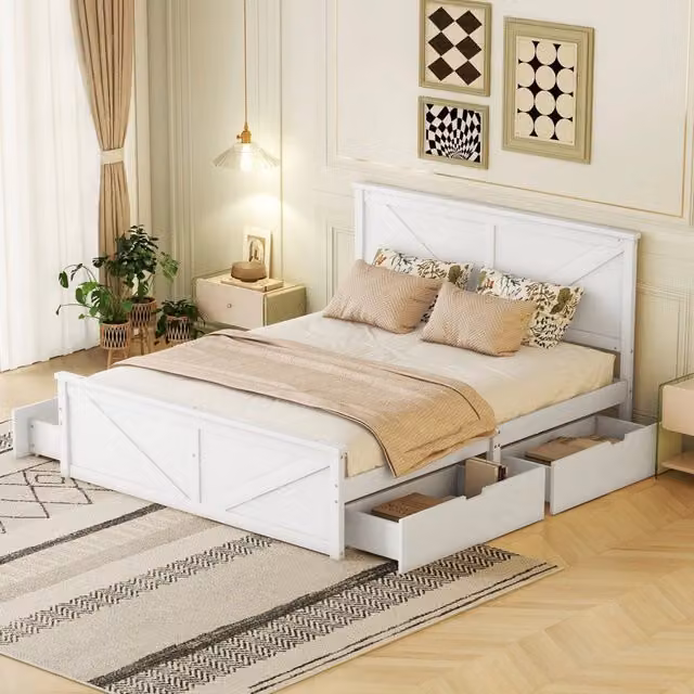 Letto singolo 160x200 cm in legno di pino con 4 cassetti; bianco