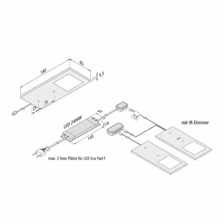 Hera Lampada LED mobili Eco-Pad F set 2x 4.000K nero F, dimmerabile, Nero, Cucina, Alluminio, Moderno, Lampade per mobili