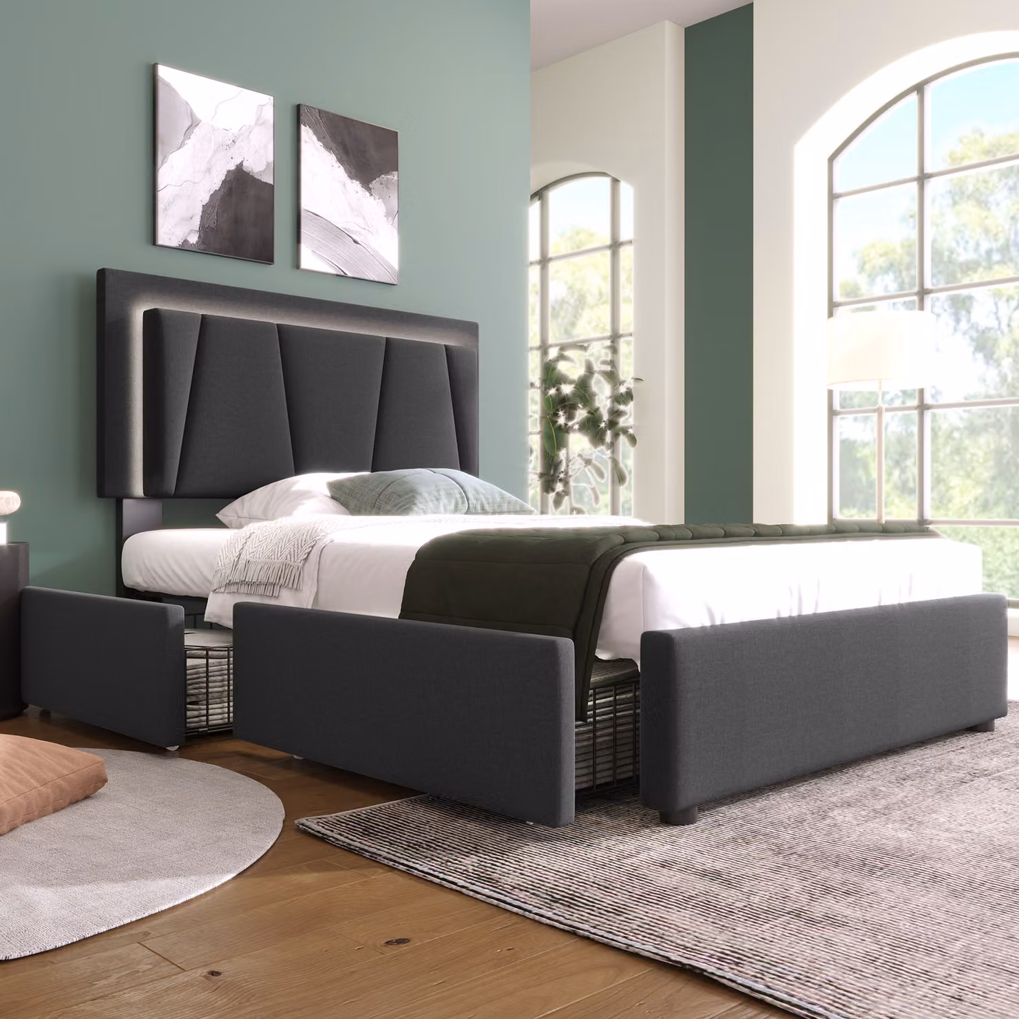 Letto imbottito Flieks 90x200cm con rete a doghe, letto contenitore con 2 cassetti, letto singolo per ragazzi con testata regolabile, biancheria da letto in legno, grigio