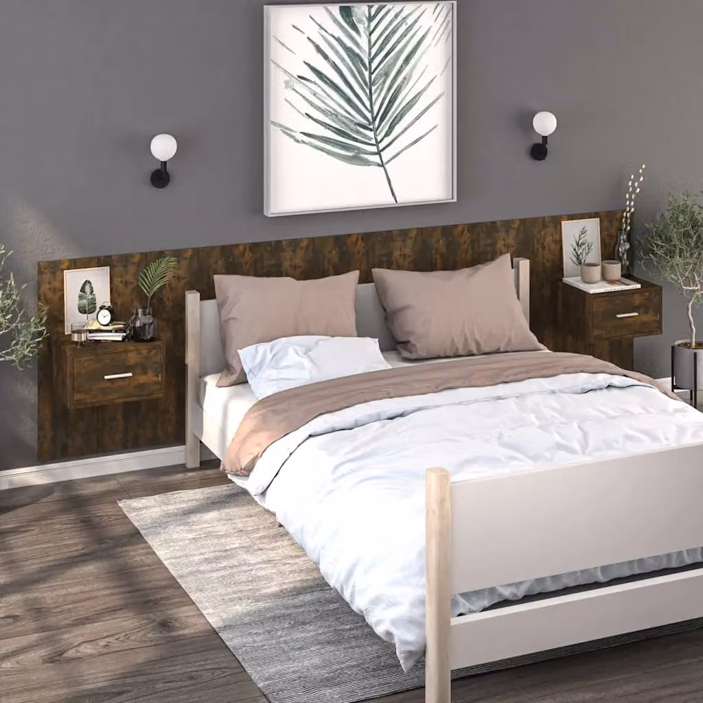 Set di 2 comodini da muro vidaXL in rovere fumo color marrone opaco