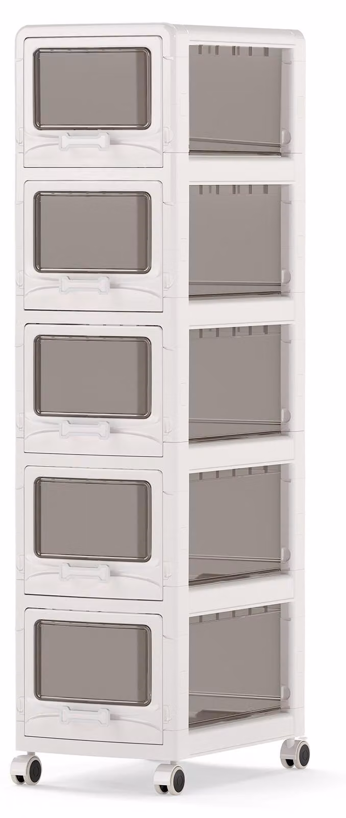 Mobiletto stretto con 5 cassetti, ideale per spazi ridotti, con ruote, bianco. Include anche una mensola da 30 cm. Perfetto come carrello portaoggetti per il bagno o altri ambienti