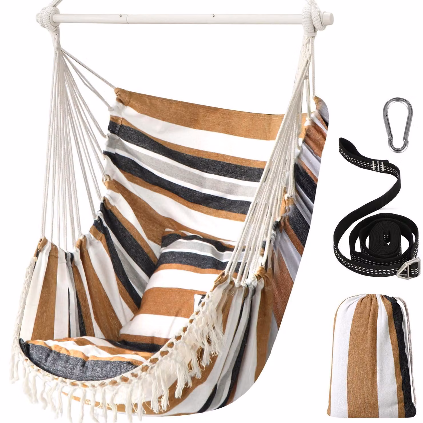Sedia a dondolo sospesa, portata massima 227 kg, con 2 cuscini, stile bohémien con decorazioni in macramé