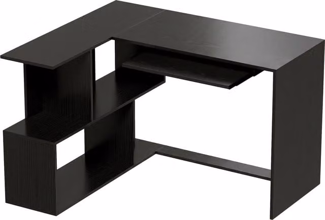 Scrivania angolare HOMCOM con ripiano per tastiera e 4 vani, colore nero, L 120 x P 100 x H 76 cm