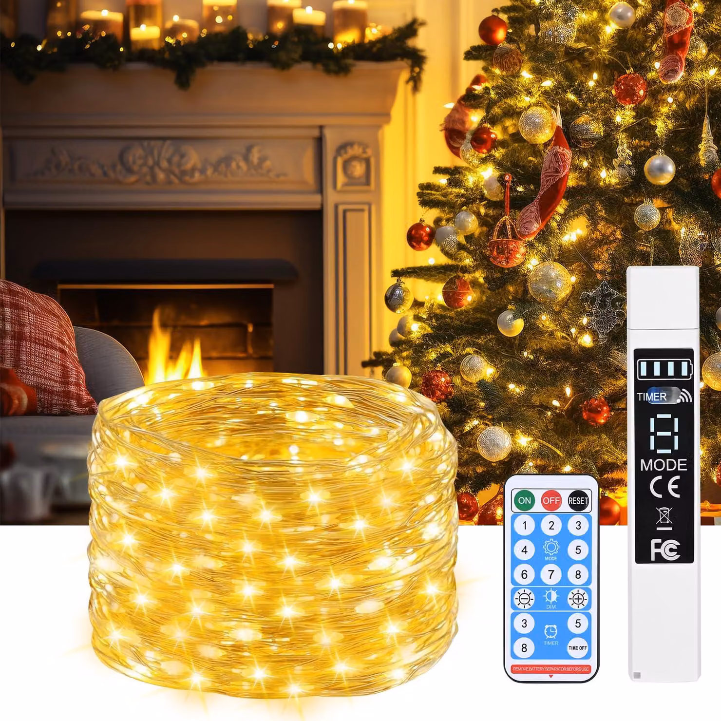 Catena luminosa a LED, 20 metri, 200 LED bianco caldo, connettore USB-C, grado di protezione IP44, 8 modalità