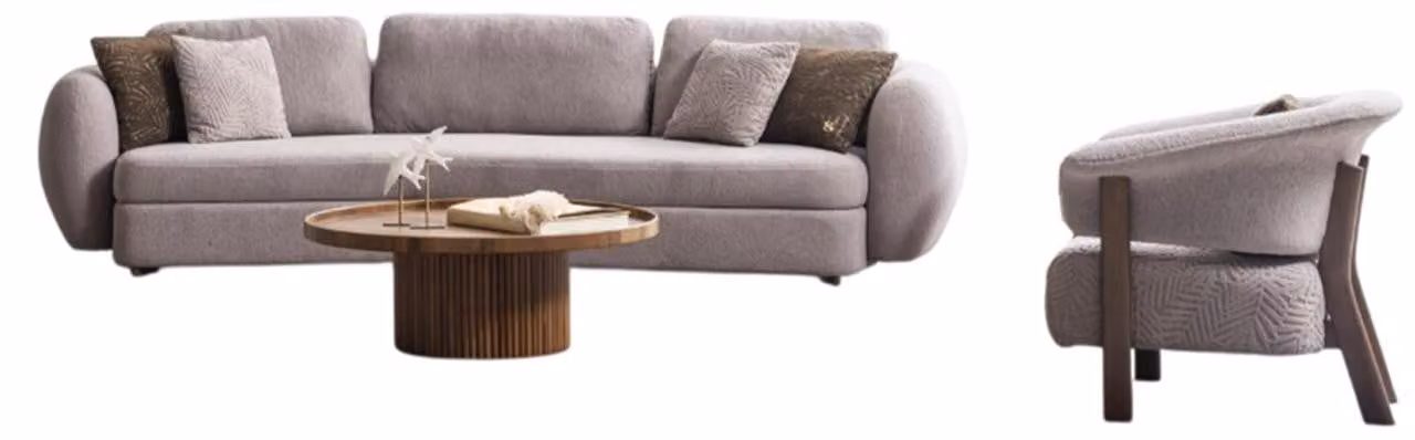 Braun-Beiges Wohnzimmer Set Polstersofa Designer Sessel Rundtisch