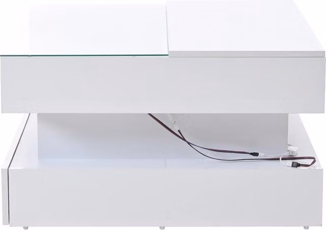 Tavolino Quadrato 80x80x45 cm con Piano Sollevabile, 2 Cassetti, Ripiani in Vetro Temperato, LED Controllabili via App, Bianco Lucido