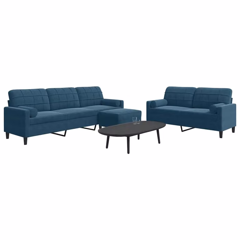 Set di divani moderno vidaXL in velluto blu con pouf e cuscini, composto da divano a 3 posti, divano a 2 posti e pouf con struttura in metallo