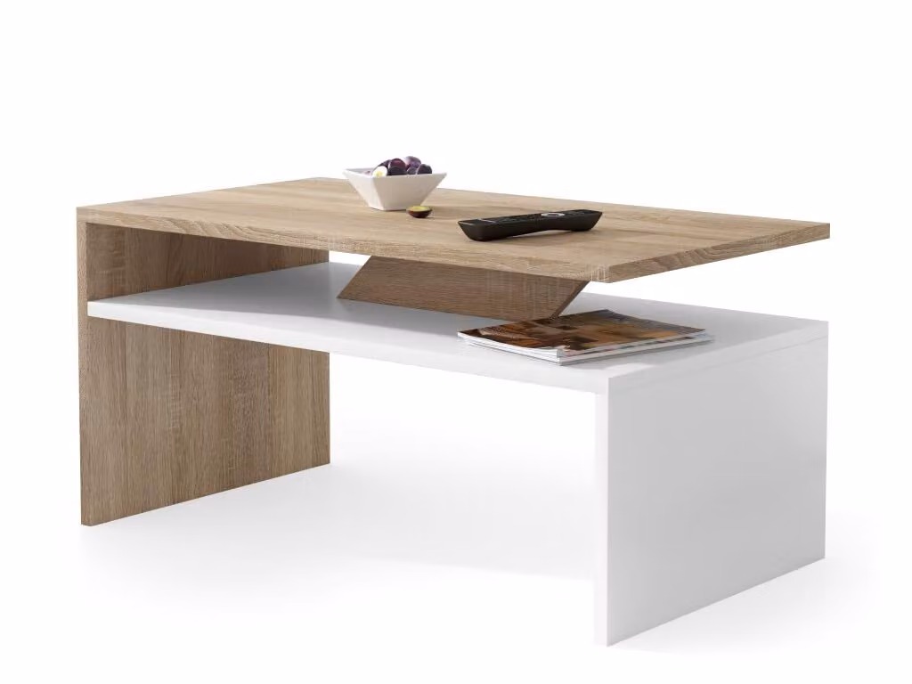 All4All, tavolino basso Pico, ideale come tavolino da caffè, tavolino per il soggiorno o tavolino da divano, con vano portaoggetti, dimensioni 90x50 cm, modello 05, finitura rovere Sonoma e bianco