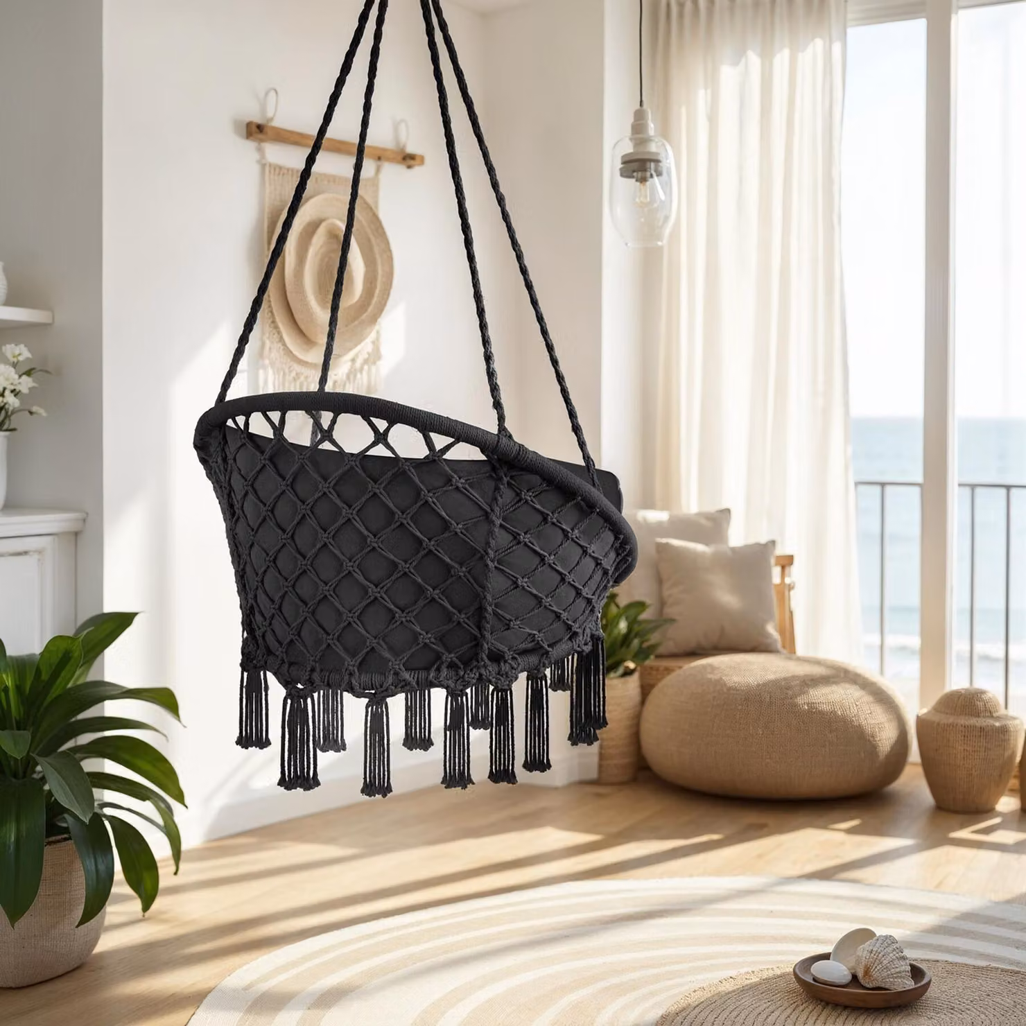 Poltrona sospesa a uovo Grazia tectake con cuscini, colore nero, H 125 cm x L 80 cm x P 72 cm – 2