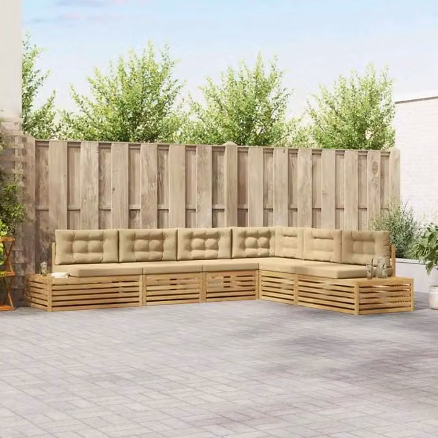 Set di divani da esterno a L vidaXL in legno di acacia con cuscini beige e bianco