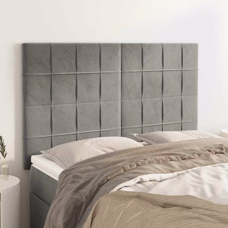 Testiera per letto vidaXL in velluto grigio chiaro con design geometrico, L: 144 cm, P: 5 cm, H: 118/128 cm