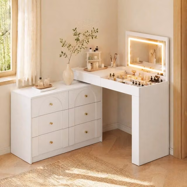 TOLETTA REDOM toeletta girevole con specchio LED bianco e oro L/P/H: 105 x 40 x 80 cm