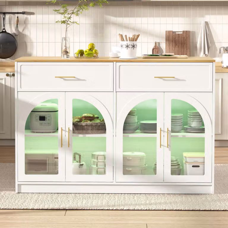 Isola da cucina Merax con piano bar illuminato a LED, mobile contenitore con ampia superficie di lavoro, 2 cassetti, ante trasparenti a forma di arco, mobiletto contenitore per cucina, bianco