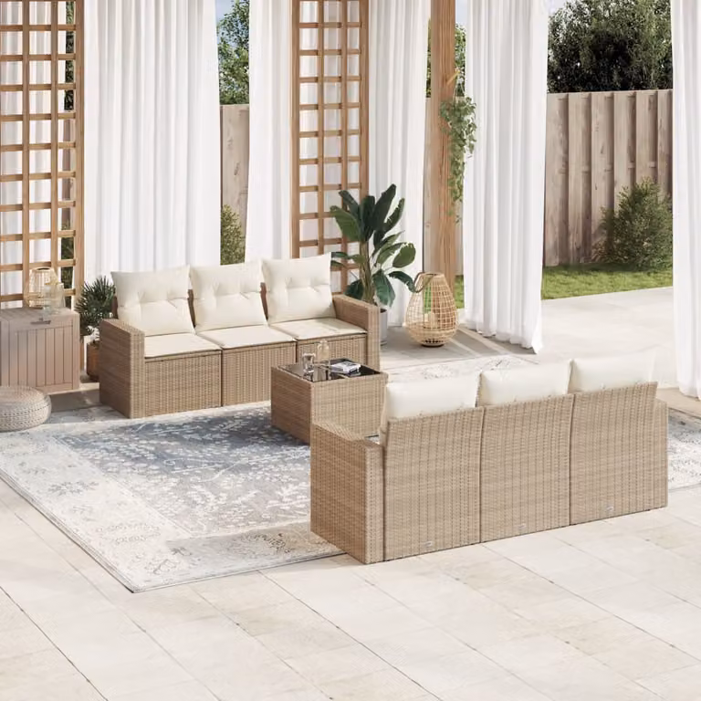 vidaXL Set Divani da Giardino 7 pz a Forma a L con Cuscini Beige e Tavolino in Polyrattan e Metallo