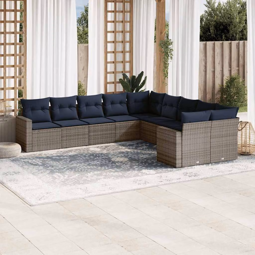 vidaXL Set di Divani da Giardino 10 Pezzi in Polyrattan Grigio con Cuscini e Design a L