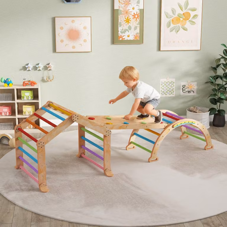 Struttura gioco in legno multifunzione (9 in 1) con scivolo, ideale per bambini piccoli | Colore: marrone | Dimensioni: 100x52,5x48 cm