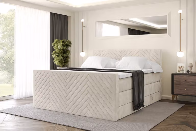 Letto boxspring ALTDECOR con materasso e rete a doghe, topper, letto imbottito con contenitore, letto con spazio contenitivo per materassi H3 e H4, letto matrimoniale, letto boxspring -VEXA-Z KING-160x200 - Beige Casablanca
