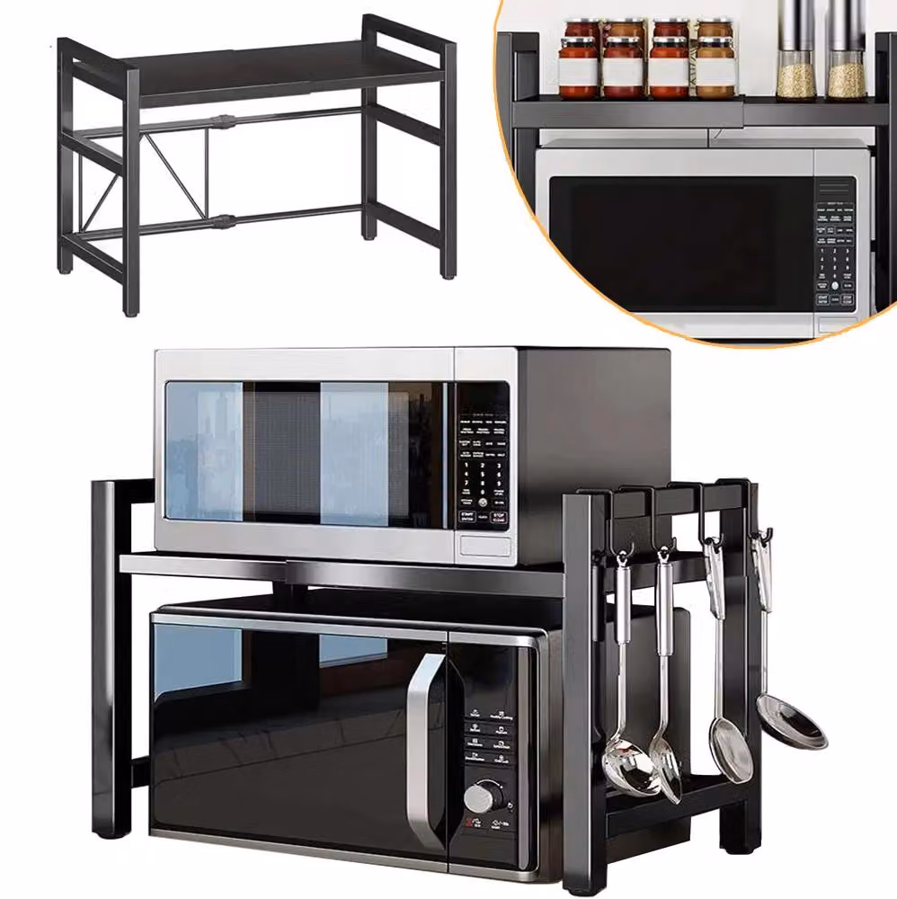 Ripiano per microonde - Scaffale da cucina per piano di lavoro - Estensibile - Dimensioni regolabili - Acciaio - 6 ganci - Nero