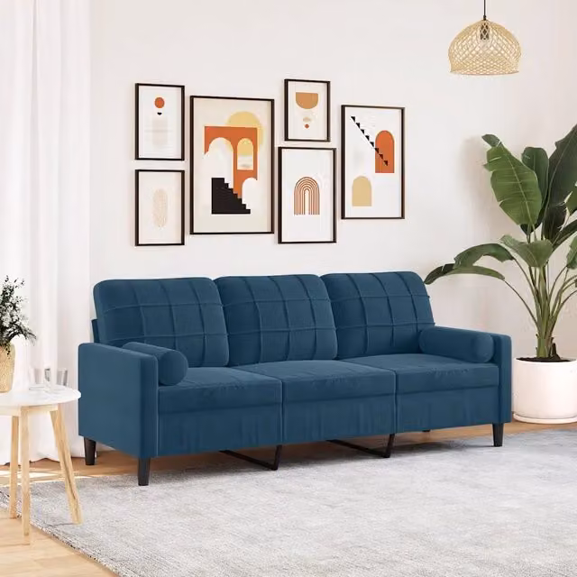 Divano a 3 posti moderno vidaXL in velluto blu con cuscini e coperture rimovibili L: 197 cm, P: 80 cm, H: 77 cm – 1