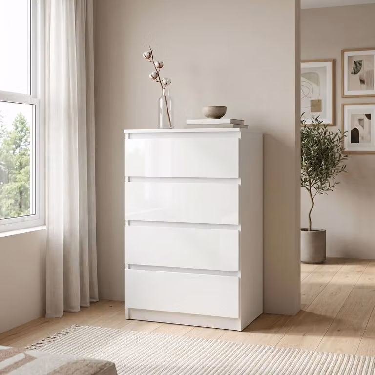 Comodà Masseno NUDO da 70 cm con 4 cassetti e ante, per soggiorno e camera da letto, stile moderno, 70x39x102 cm, bianco / bianco