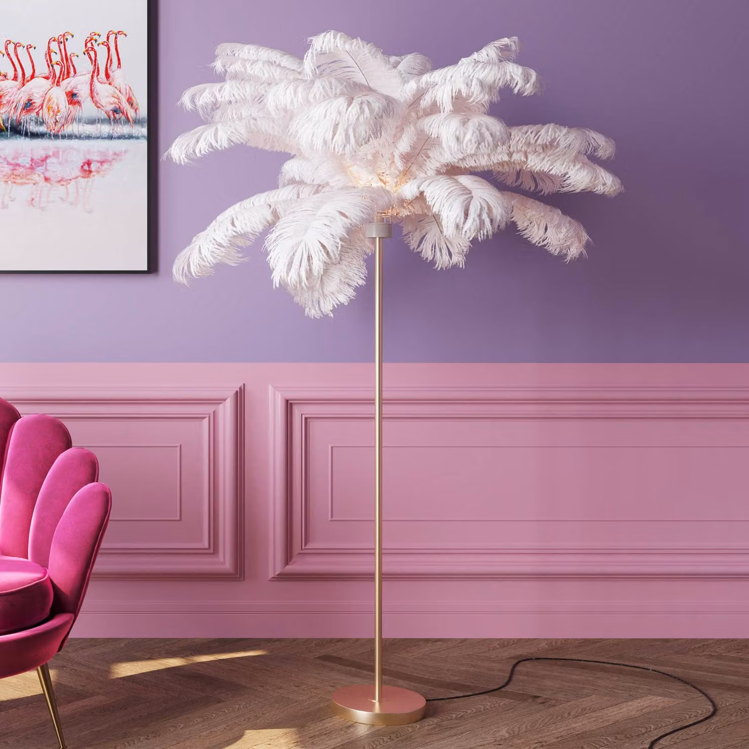 KARE Lampada da terra di design Feather Palm, Ottone / Oro, Soggiorno / Sala da pranzo, Metallo, Design, Lampada da terra