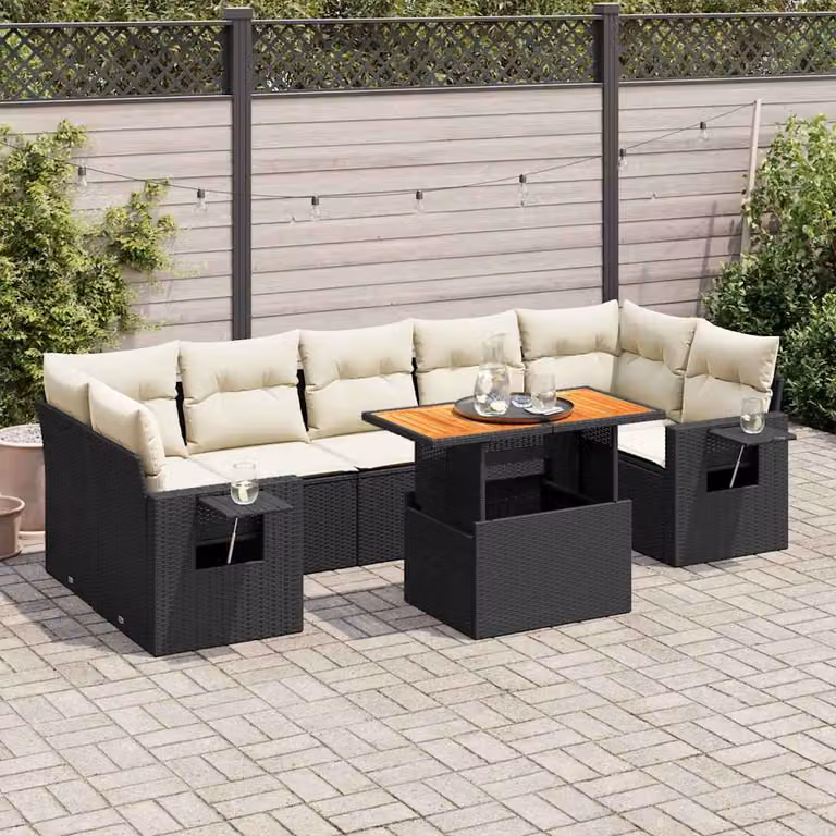 Set Divani da Giardino a L vidaXL in Polyrattan Nero con 8 Cuscini e Tavolino da Esterno