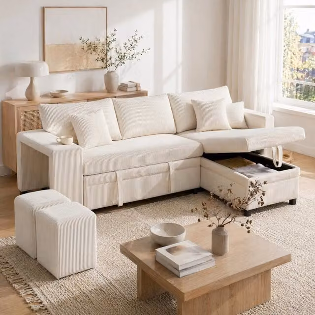 Divano letto angolare 231x131,5x84 cm in tessuto beige con USB e vano, per soggiorno –