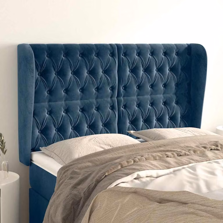 Testiera per letto vidaXL in velluto blu scuro con struttura imbottita L: 147 cm, P: 23 cm, H: 118-128 cm