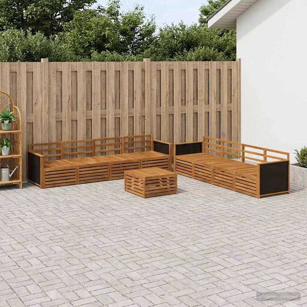 vidaXL Set di divani da esterno a forma di U composto da 9 pezzi in legno di acacia marrone con cuscini inclusi