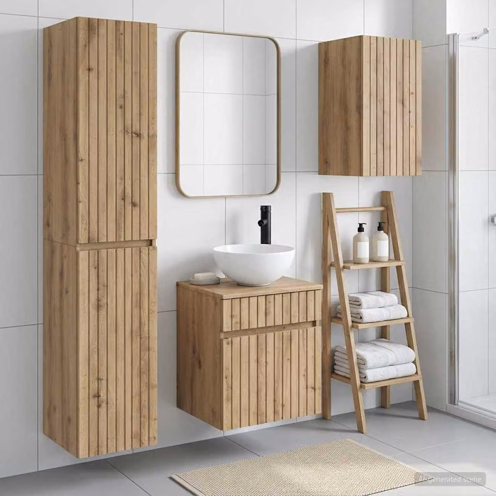 Set di mobili per il bagno vidaXL in 3 pezzi color marrone con armadietto a specchio, pensile e colonna alta in stile minimalista