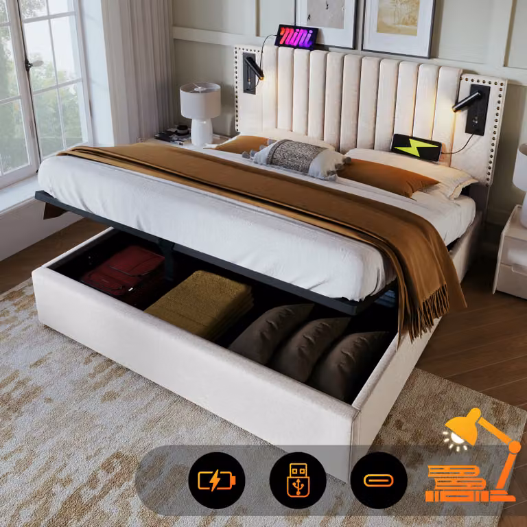 MODFU Letto a cassettone 160x200 cm - Cassettone con LED e porte di ricarica USB - Letto matrimoniale - Coton, Beige, Senza materasso