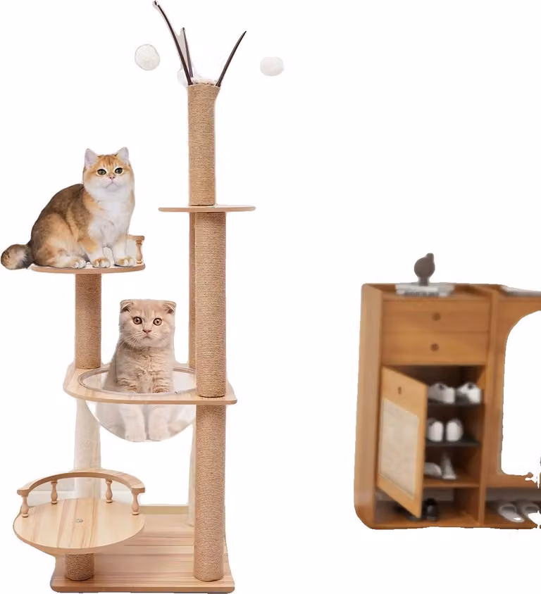 Albero per gatti, design a quattro piani, con tiragraffi e palline da gioco, giallo