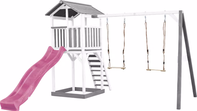 AXI Beach Tower parco giochi in legno in grigio e bianco | Torre di gioco per bambini con sabbiera, doppia altalena e scivolo viola | Casa per bambini su palafitte per il giardino