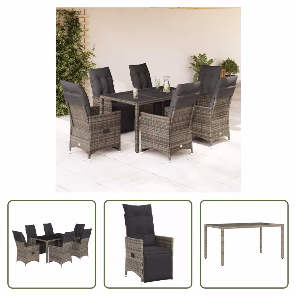 The Living Store Set bistrot da giardino 7 pezzi con cuscini in poly rattan grigio
