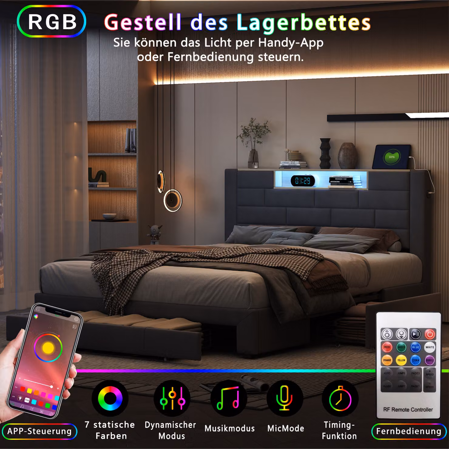 UnboxG Letto imbottito 160x200cm con 3 cassetti, letto contenitore matrimoniale con funzione di ricarica (USB&Typ-c), letto per ragazzi letto in legno con LED, letto funzionale in velluto, grigio