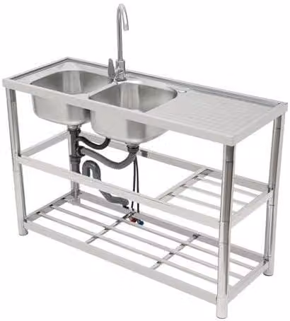 Lavello in acciaio inossidabile, lavello da cucina freestanding con 2 vasche e 3 livelli, lavello professionale per ristoranti con rubinetto per acqua fredda e calda. Lavello in acciaio inossidabile per uso commerciale, dimensioni 120x45x80 cm. Include ac