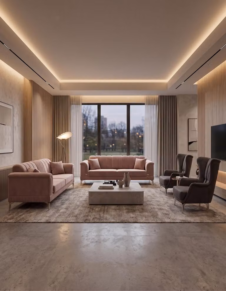 Set divani: 2 divani a 3 posti e 2 poltrone, stile moderno, rosa e grigio, set divani