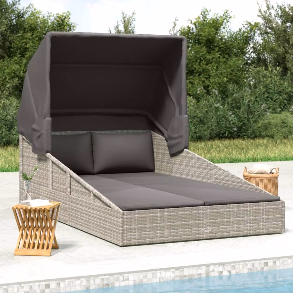vidaXL Lettino da giardino in polyrattan con tetto pieghevole e tendalino, Grigio, L: 200 cm, P: 114 cm, H: 128 cm