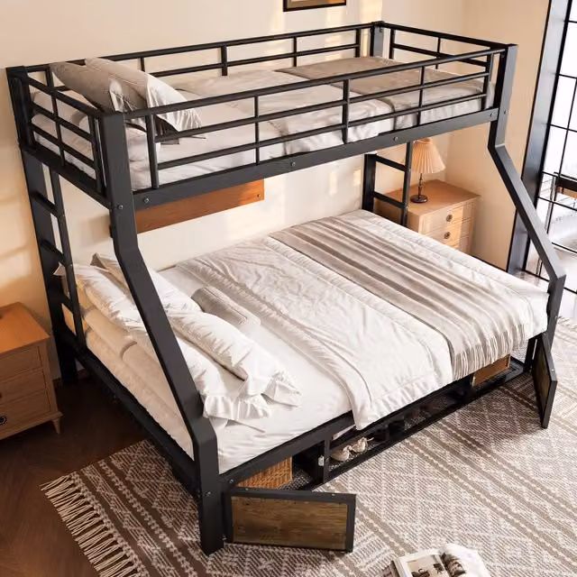 Letto a castello per bambini 90 x 200 e 140 x 200 cm con scarpiera; in metallo e MDF; nero per cameretta