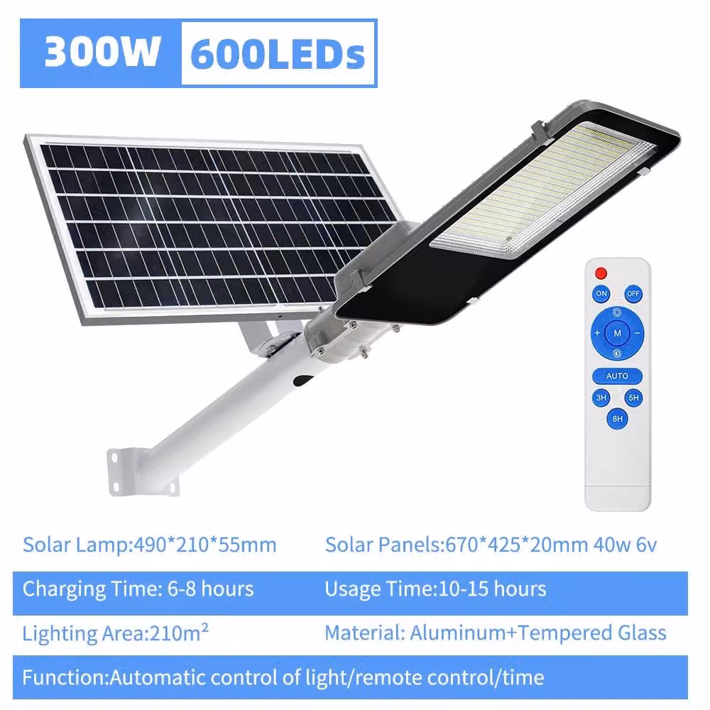 Lampada solare per esterni - Lampione a LED - 300 W - Con telecomando - Dimmerabile - Grado di protezione IP65 - Alluminio