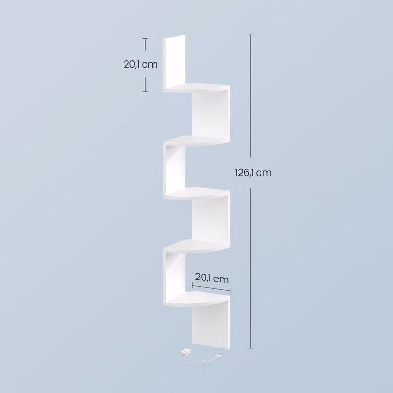 Scaffale angolare con illuminazione a LED, 5 ripiani, telecomando | Bianco | 20x20x126 cm