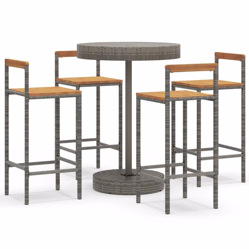 Set Bar Giardino 5pz Grigio Polyrattan e Legno Massello Acacia