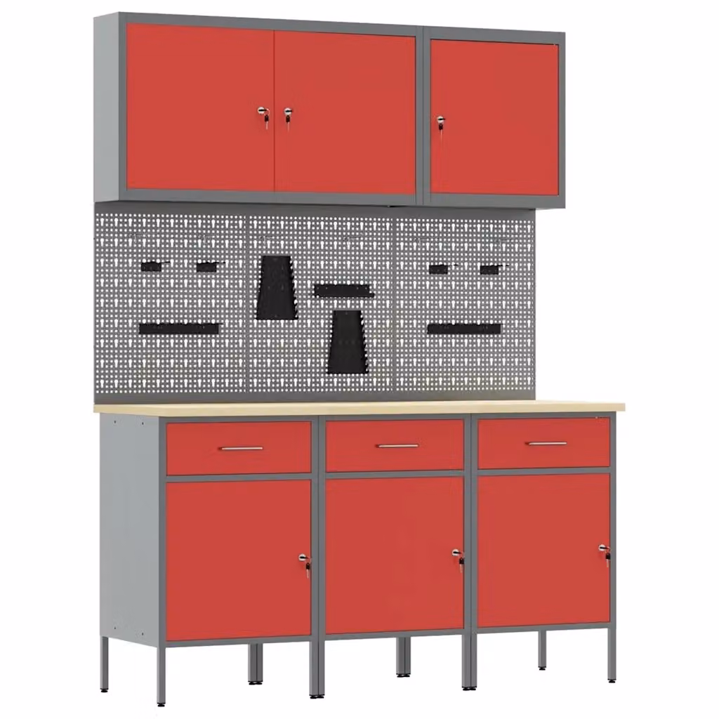 Mobile da lavoro con cassetto vidaXL 8 pezzi in acciaio e legno Rosso e Grigio L: 200 cm, P: 55 cm, H: 35 cm – 2
