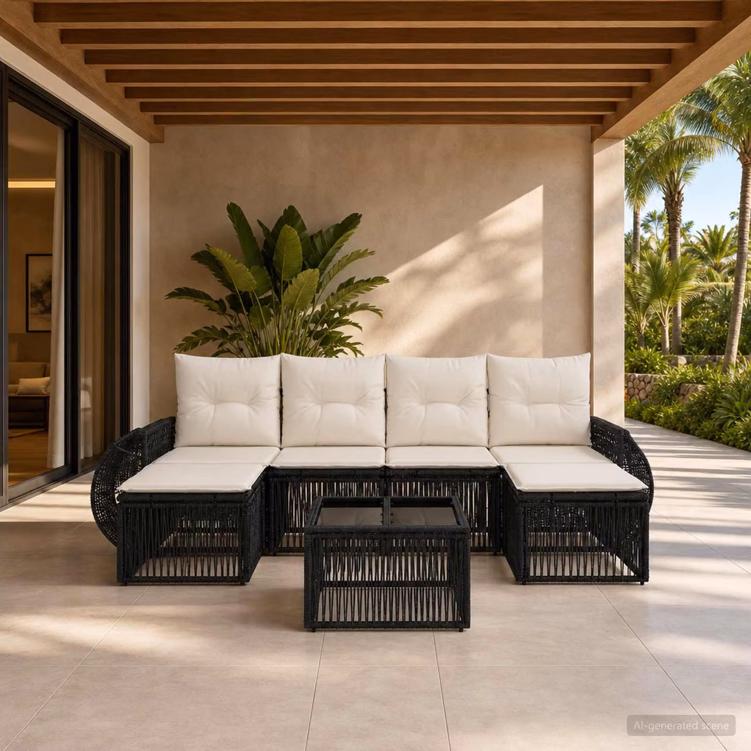 Set Divano da Giardino vidaXL 7 Pezzi in Polyrattan con Cuscini e Tavolino, Nero e Bianco Crema