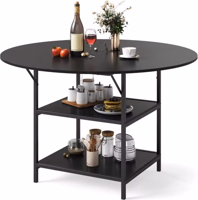 Tavolo da pranzo rotondo rustico in legno e metallo con ripiano a due livelli, Diametro: 120 cm, Colore Nero e Marrone