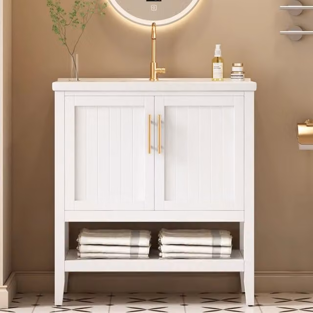 Mobile sottolavabo con lavabo in ceramica e vano inferiore aperto, struttura a pavimento, per bagno, in MDF, bianco