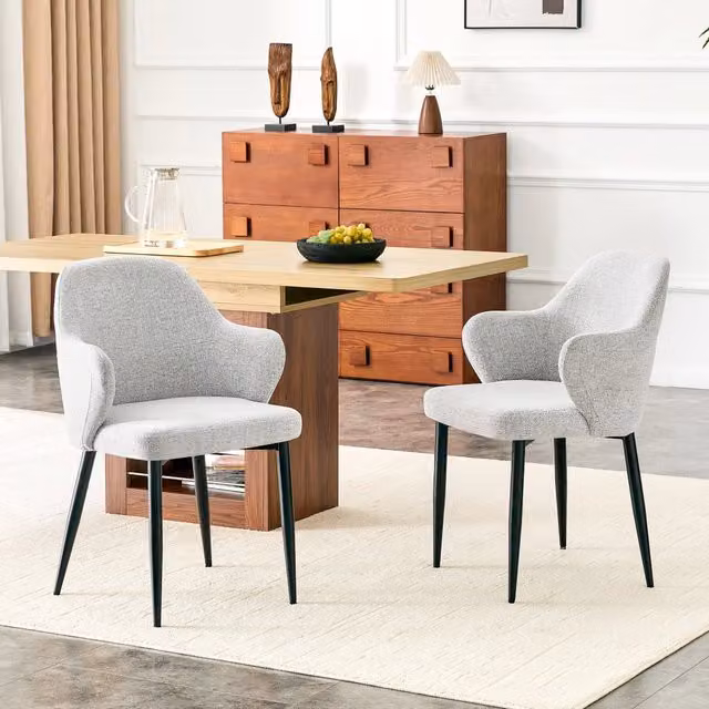 Set di 2 sedie da pranzo OKWISH con schienale avvolgente e braccioli, struttura in metallo e rivestimento in tessuto grigio e nero per cucina e sala da pranzo