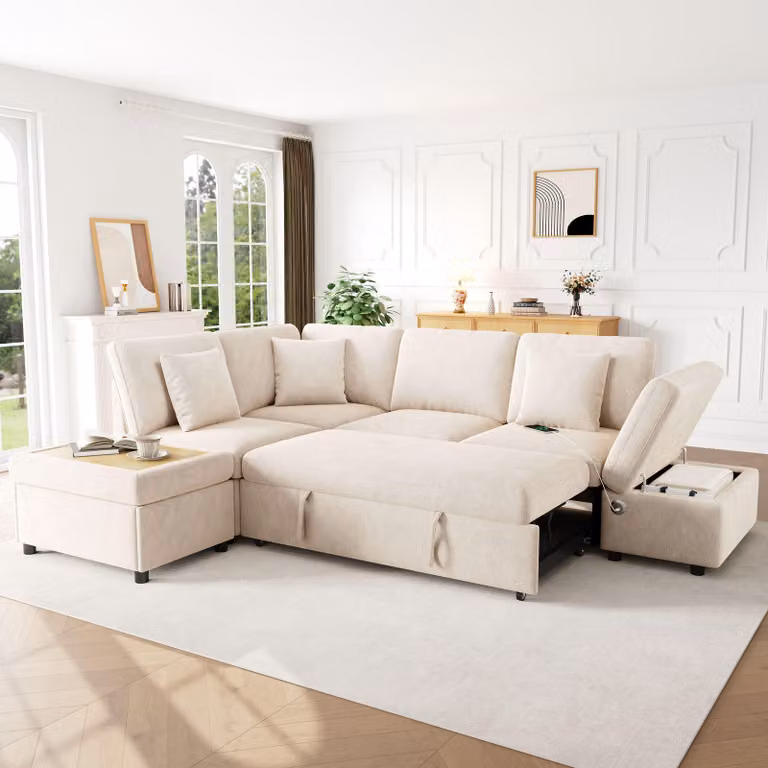 Divano angolare a forma di L Merax con funzione letto, divano modulare a 6 posti, divano letto estendibile con poggiapiedi, chaise longue, porta USB di tipo C, tessuto in chenille, color beige