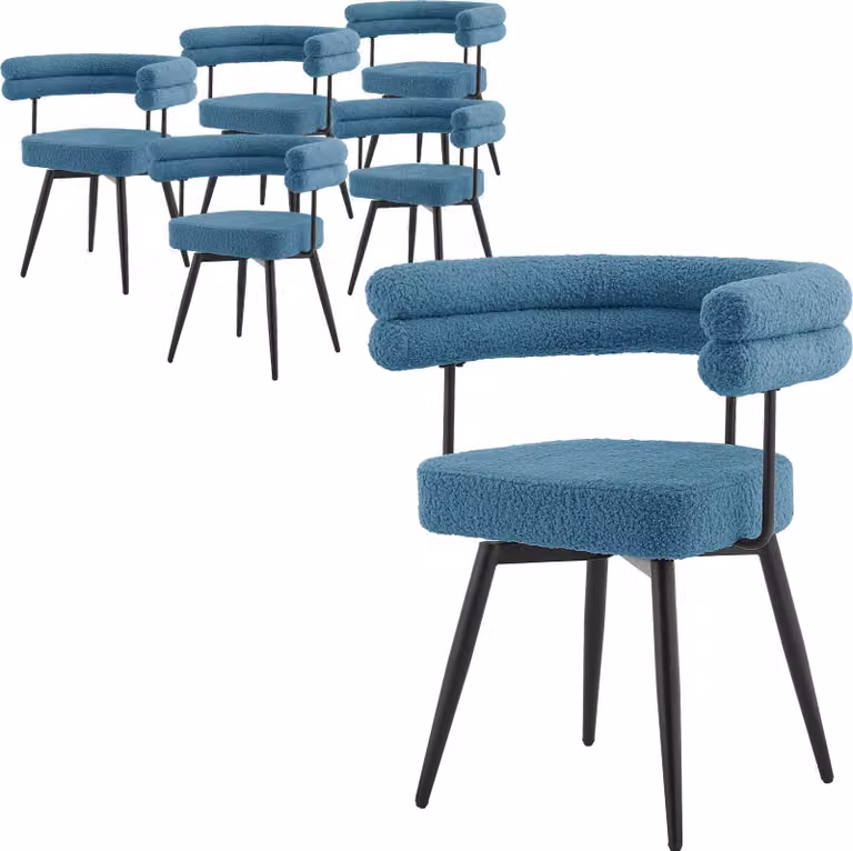 ML-Design Set di 6 sedie da pranzo girevoli in tessuto blu Teddy, sedie da salotto ergonomiche con braccioli e schienale, sedie girevoli a 360° con gambe in metallo