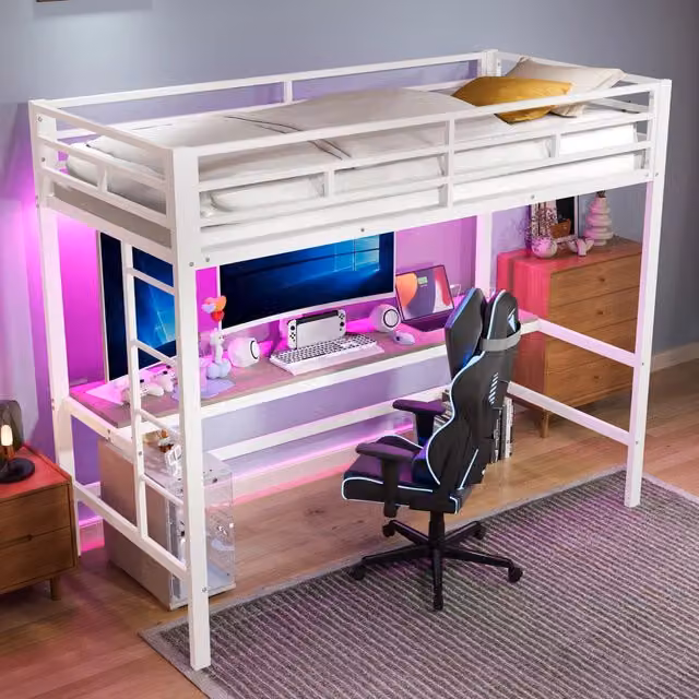 Letto a soppalco 90 × 200 cm con scrivania, LED e ricarica integrata, senza materasso, metallo bianco